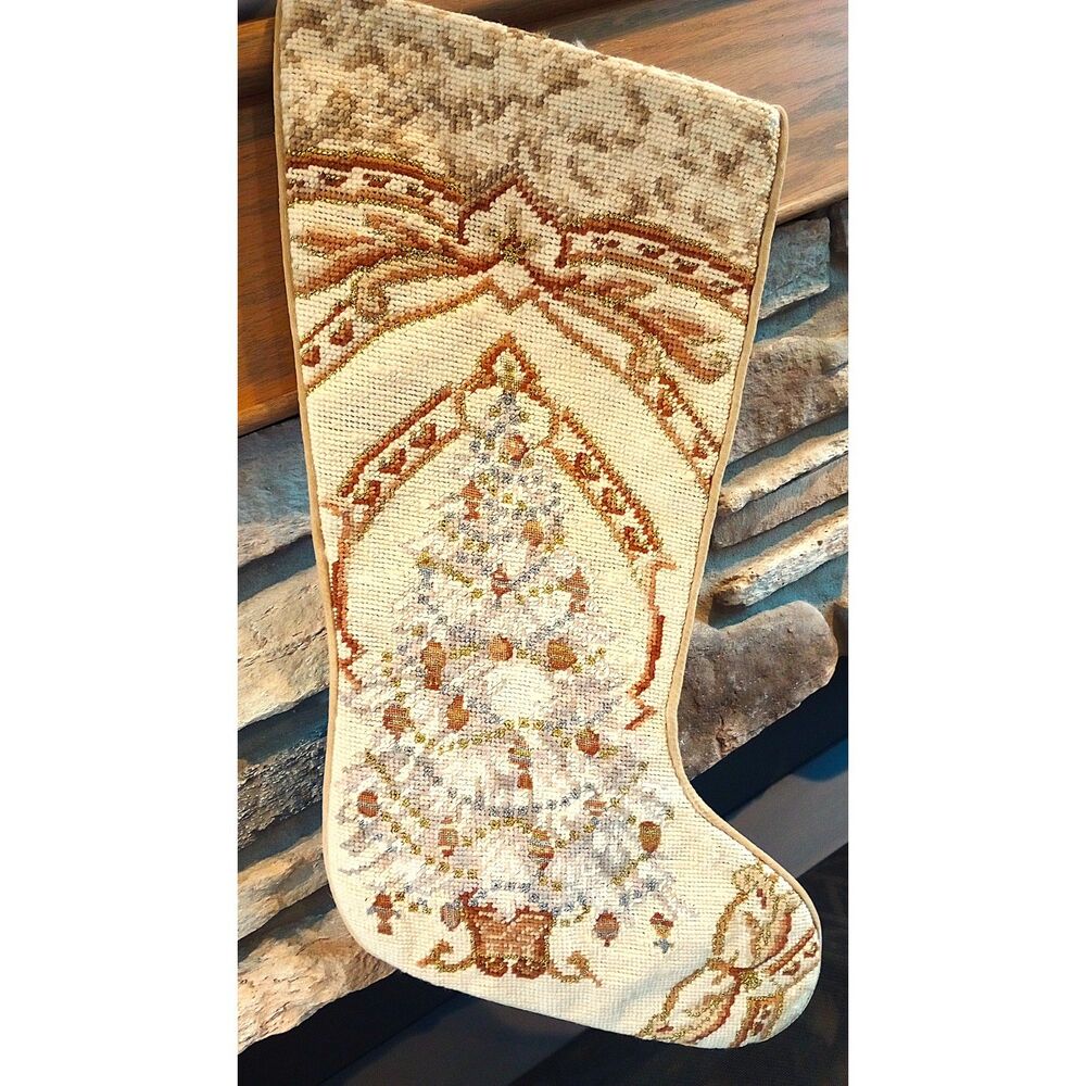 Sferra Christmas Stocking Needlepoint Luxury golden and cream color Holiday gift